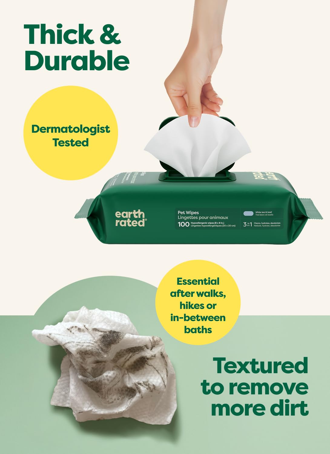Earth Rated Pet Wipes for Dogs, Hypoallergenic, Cleaning and Hydrating, for Grooming Paws, Body and Bums, Unscented, 100 Count