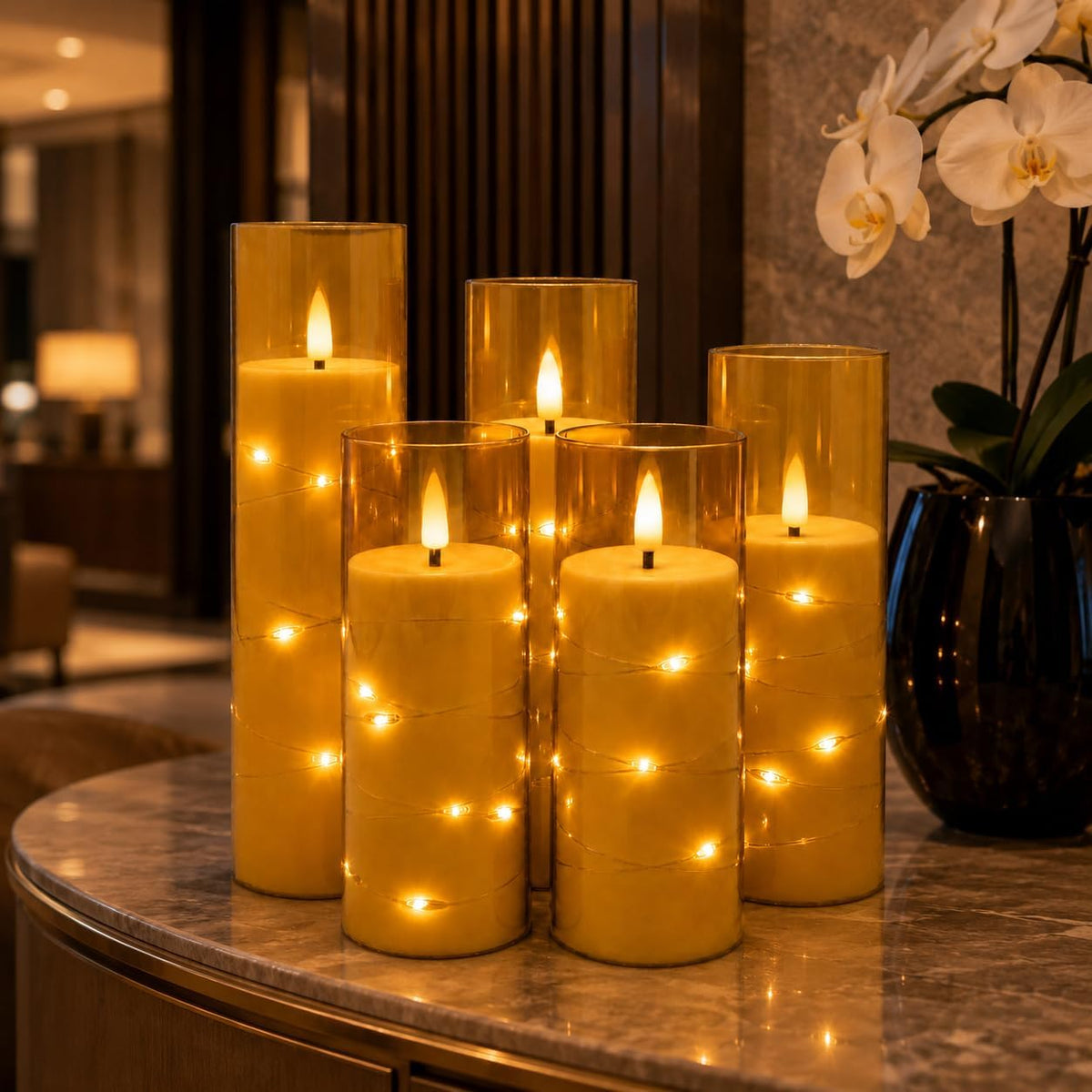 5 Pack Ivory Transparent Taper Candles, Black Wick Flickering Flameless LED Candles with Fairy Lights, Heat Resistant Reusable Plastic Candles, Remote Control, 14/14/16/18/20cm, Indoor Outdoor Decor