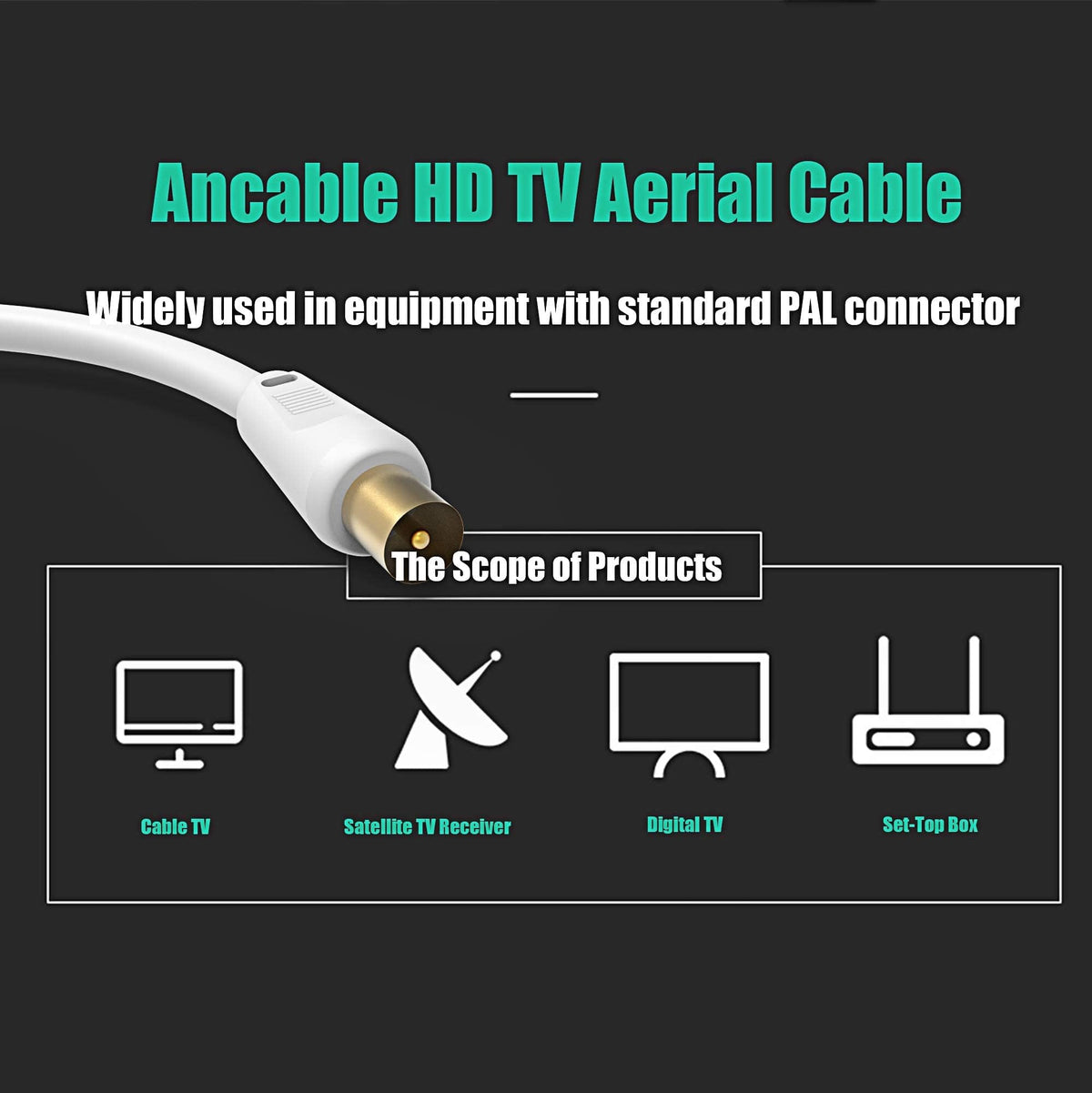 Ancable TV Aerial Cable with Coaxial Adapter 1M Black TV Ariel Lead