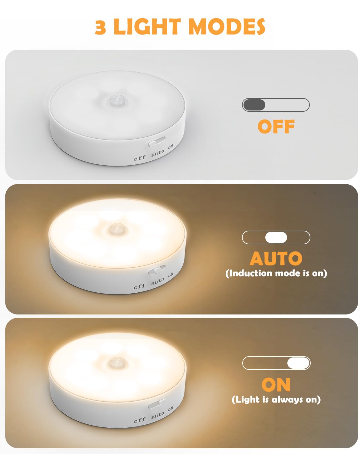 Motion Sensor Lights Indoor, 6 Pack Cupboard Lights, Stair Lights Night Lights, 3 Modes USB Charging Wall Lights, Magnetic Sensor Lights Indoors for Kitchen Stair Closet Under Cabinet