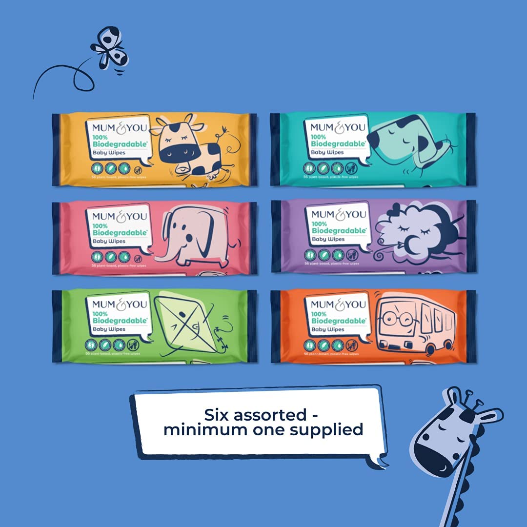 Mum & You Baby Wipes - Biodegradable Wet Wipes | 99.4% Water | Ideal for Sensitive Newborn Skin | 336 Newborn Wipes Bulk, Bum Wipes, Wet Tissue, Plastic free Wet wipes, (56 wipes x 6 packs)