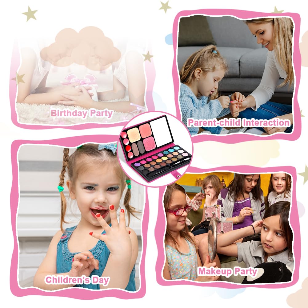 Aomig 33 Colors Kids Makeup Sets for Girls, 6 Pcs Princess Make Up Kit with 5 Brushes, Washable Children's Cosmetics Toys, Non-Toxic Makeup Kit, Cosmetic Beauty Set Gift for Kids Halloween Birthday