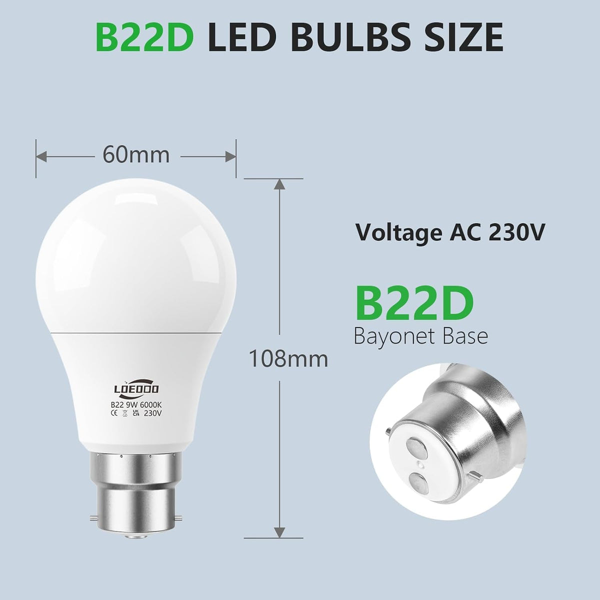 B22 Bayonet Light Bulb 9W=60W, 6000K Cool White, 806LM, Pack of 6