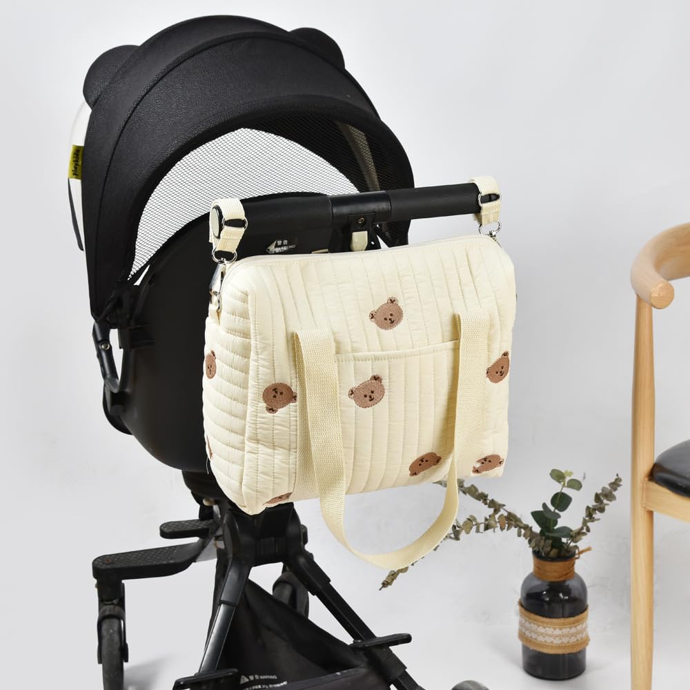 Baby Stroller Storage Bag, Cotton Cloth Reusable Handbag Pram Organiser Bag Multifunctional Pushchair Organiser with Zipper Pockets for Pram Travel 32x12x25cm (#3)