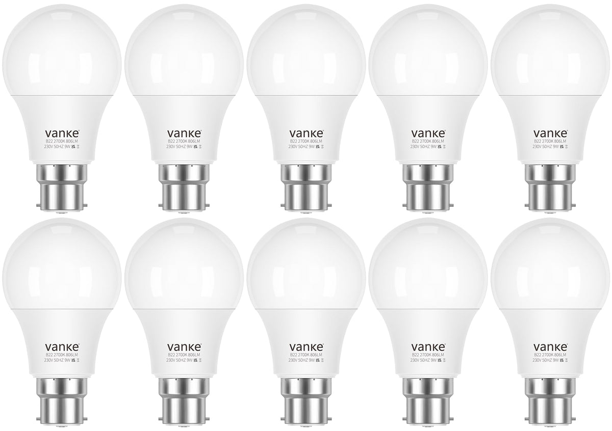 Vanke Bayonet Light Bulb, 9W(60W Equivalent), Warm White 2700K, 3-Pack