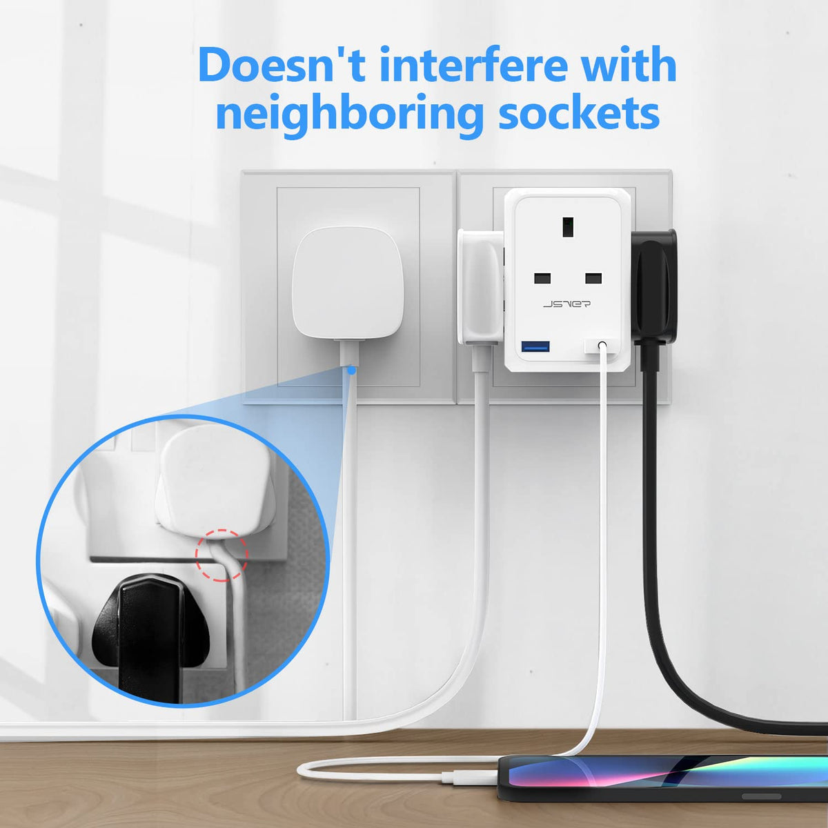 Double Plug Adaptor with 2 USB, JSVER Mini 2 Way Plugs Extension Sockets with USB Ports(5V/2.4A) Wall Charger Adapter, 13A UK 3 Pin Power Socket for Home, Office, Kitchen,White