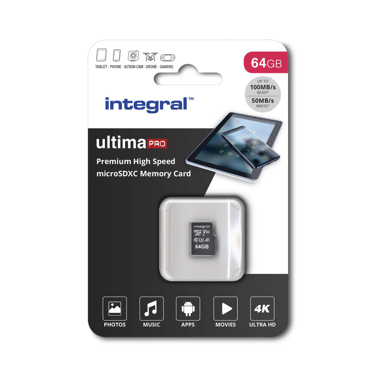 Integral 128GB microSD Card Premium High Speed 4K Video Memory Card - up to 100MB/s Read and 50MB/s Write UHS-I U3 Class 10 A1 App Performance - for Smartphones, Tablets, Drones and Game Consoles