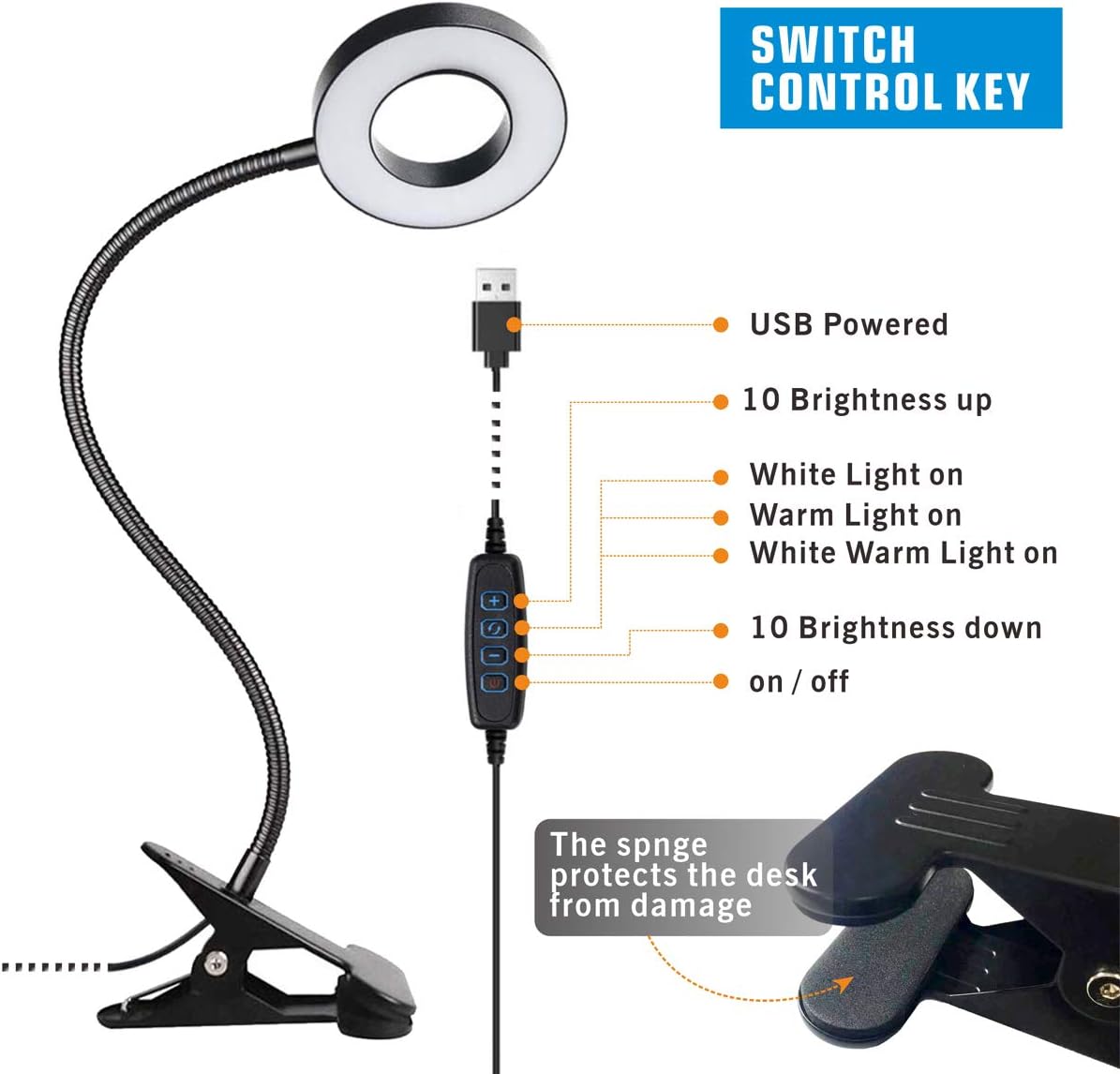 KNAMKY USB LED Desk Lamp Clip On Light, 3 Light Mode 10 Dimmable Brightness Eye Caring Book Adjustable for Reading Studying Working Video Conference Lighting (Black)