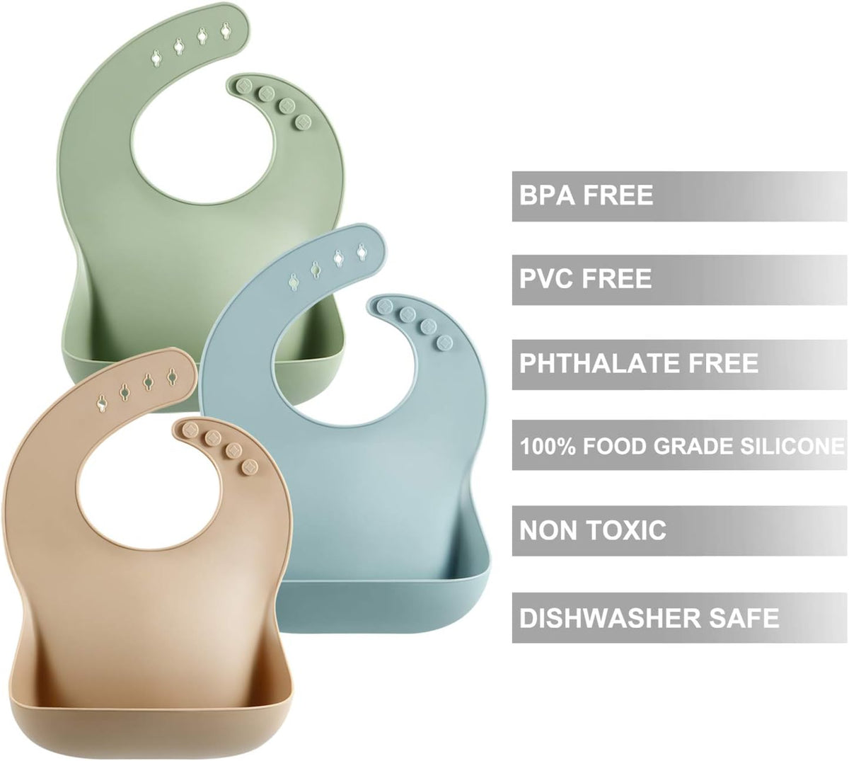PandaEar 3 Pack Thick Silicone Baby Bibs for Babies & Toddlers (10-72 Months)| Waterproof Baby Feeding Bibs Adjustable with Wide Food Catcher Pocket, Soft, Unisex, Non Messy |Brown/Blue/Green
