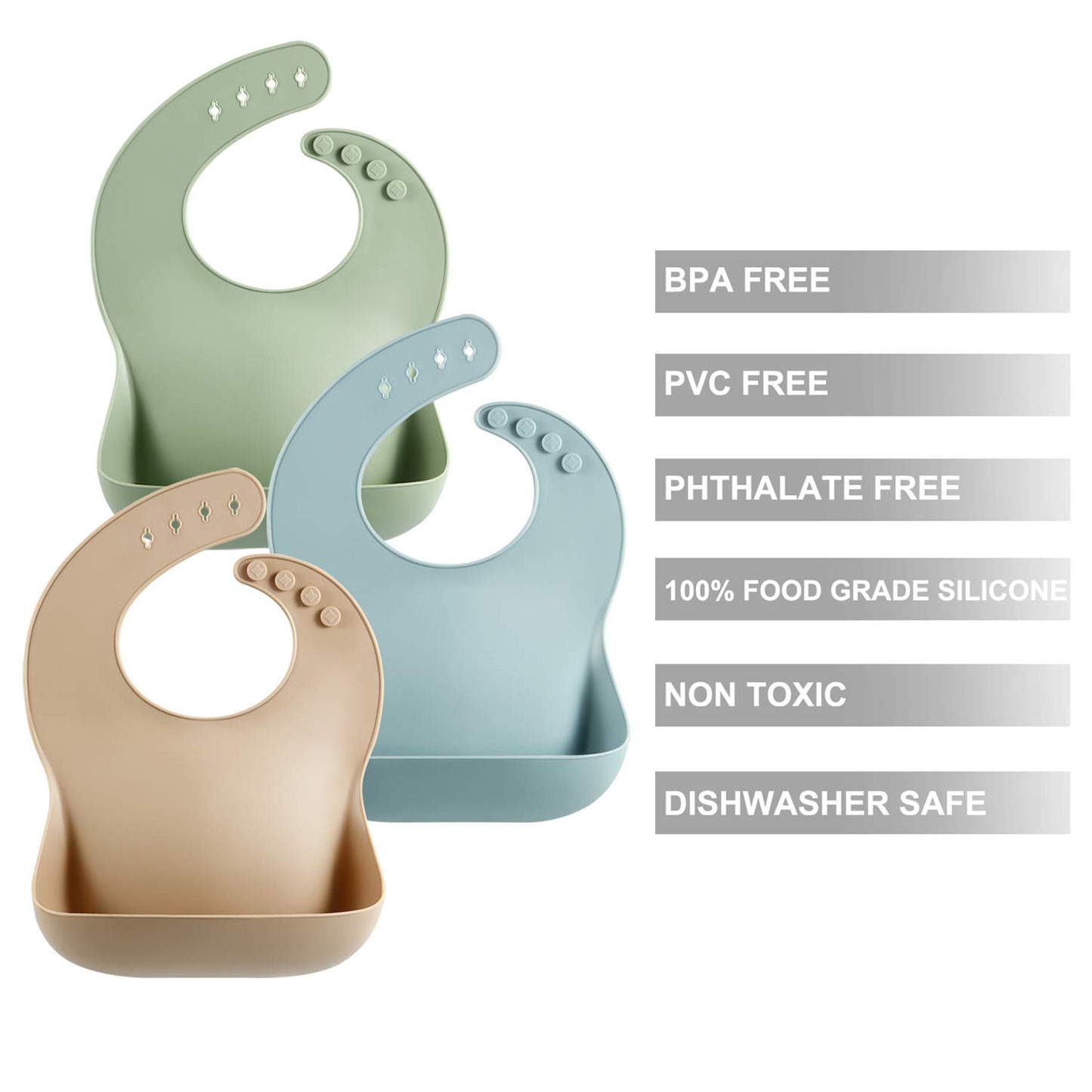 PandaEar 3 Pack Thick Silicone Baby Bibs for Babies & Toddlers (10-72 Months)| Waterproof Baby Feeding Bibs Adjustable with Wide Food Catcher Pocket, Soft, Unisex, Non Messy |Brown/Blue/Green