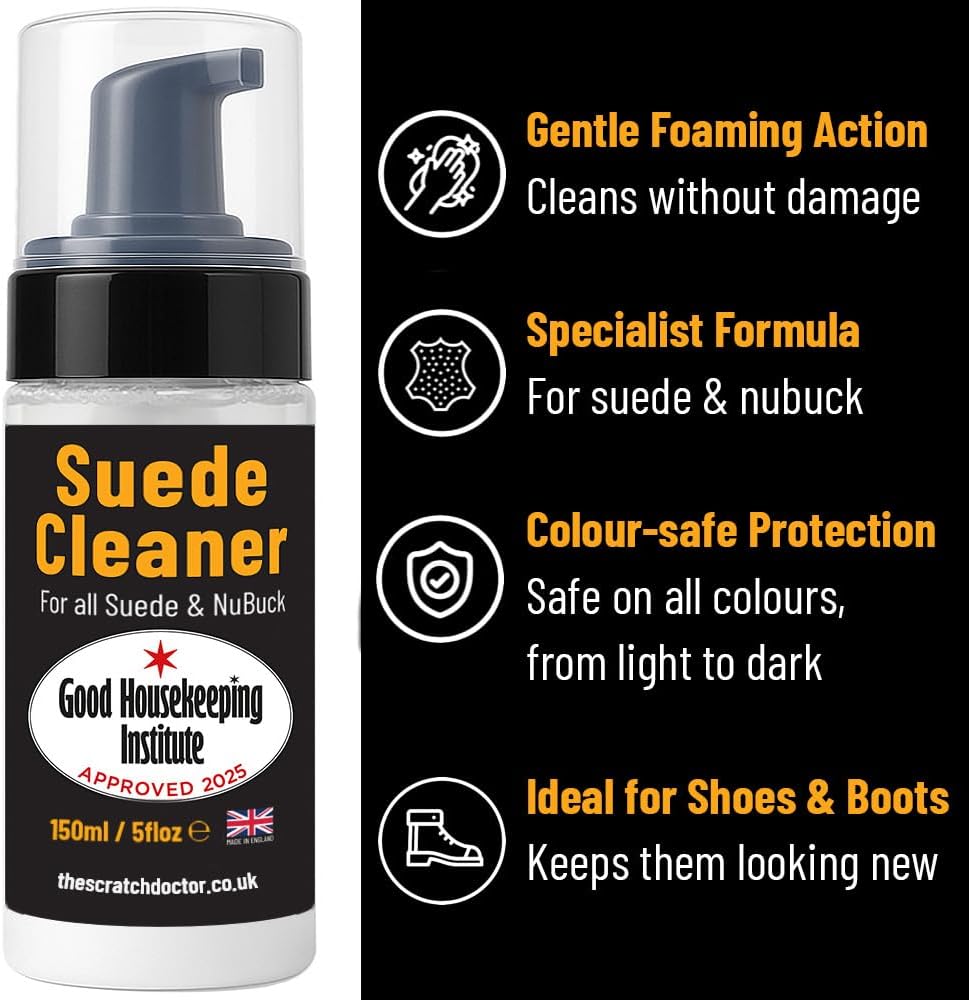 The Leather Clinic Suede & Nubuck Cleaner Foam 150ml for Shoes, Boots, Sandals, Trainers | Clean & Protect Dirt & Stains | Includes 3 Sided Suede Brush & Cleaning Cloth