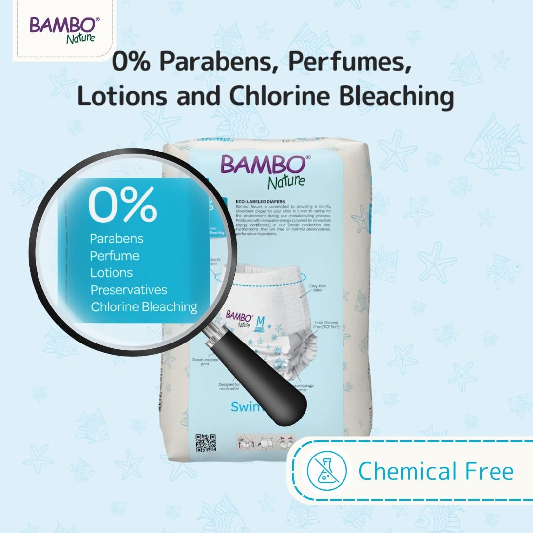 Bambo Nature Premium Swim Nappy Pants Medium Size (12+ kg), Disposable and Eco-Labelled, Perfect Swimming Nappies for Water Activities, Swim Nappies for Babies