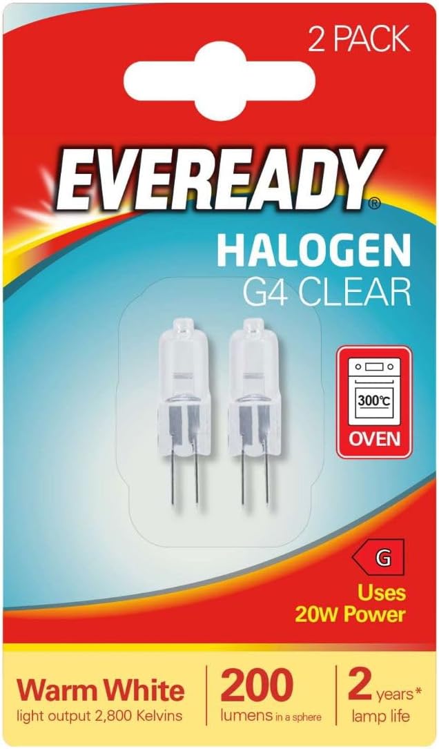 2 x Eveready G4 20W 12V Halogen Capsule Light Bulbs, Dimmable Lamps, 240 Lumen, 2000 Hours Life, Clear Finish