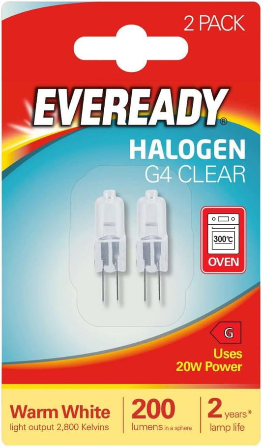 2 x Eveready G4 20W 12V Halogen Capsule Light Bulbs, Dimmable Lamps, 240 Lumen, 2000 Hours Life, Clear Finish