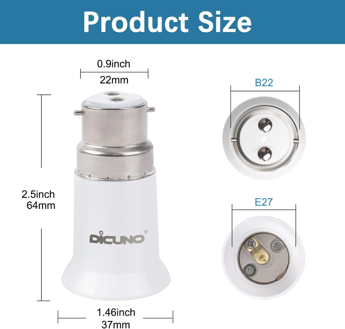 DiCUNO B22 to E27 Socket Converter, Lamp Base Adapter for LED Bulbs, 6 Pcs