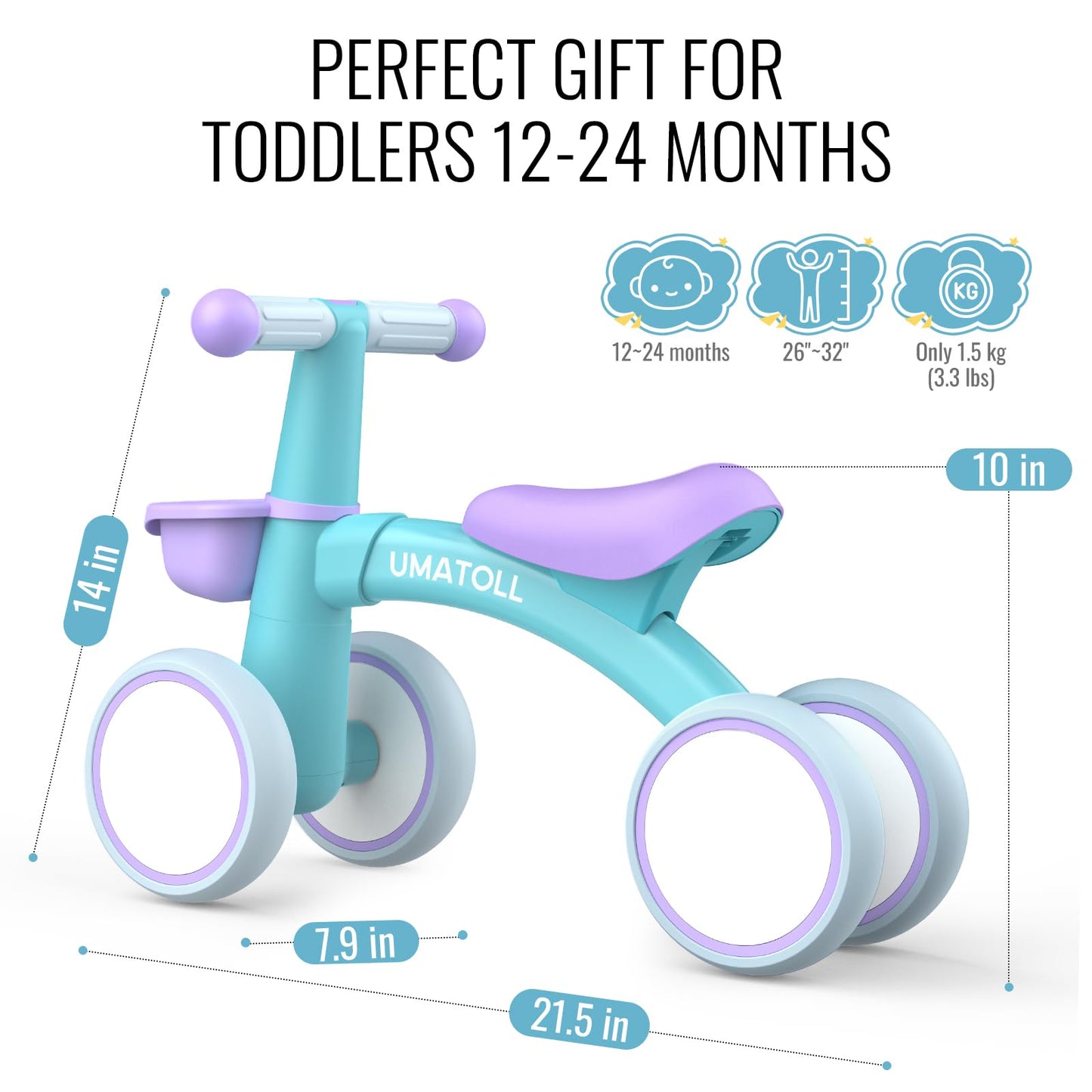 Umatoll Baby Balance Bike for 1 Year Old Boys Girls, 12-24 Months Toddler Balance Bike with Removable Basket, Adjustable Seat, 4 Wheels Infant Bike, First Birthday Gift