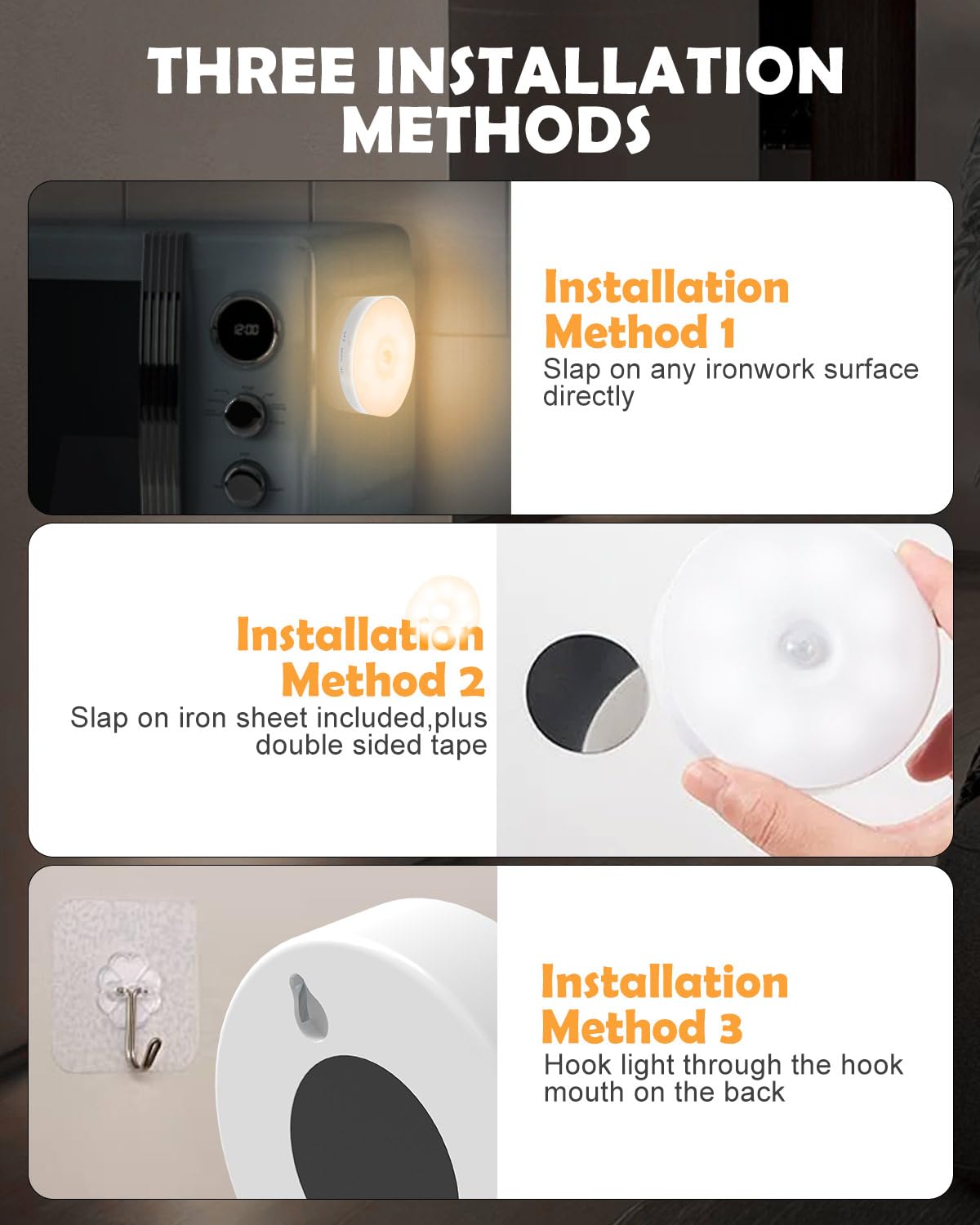 Motion Sensor Lights Indoor, 6 Pack Cupboard Lights, Stair Lights Night Lights, 3 Modes USB Charging Wall Lights, Magnetic Sensor Lights Indoors for Kitchen Stair Closet Under Cabinet