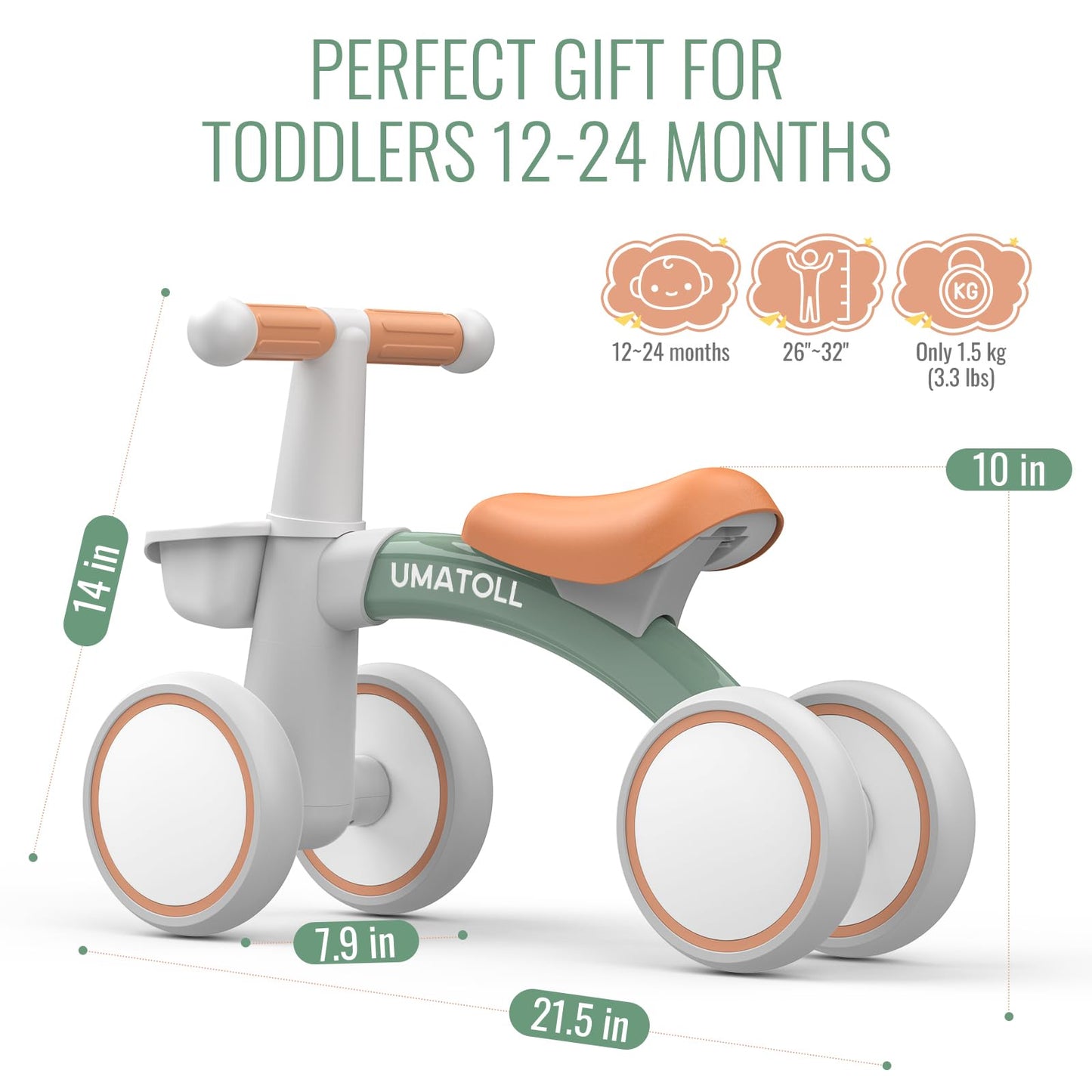 Umatoll Baby Balance Bike for 1 Year Old Boys Girls, 12-24 Months Toddler Balance Bike with Removable Basket, Adjustable Seat, 4 Wheels Infant Bike, First Birthday Gift