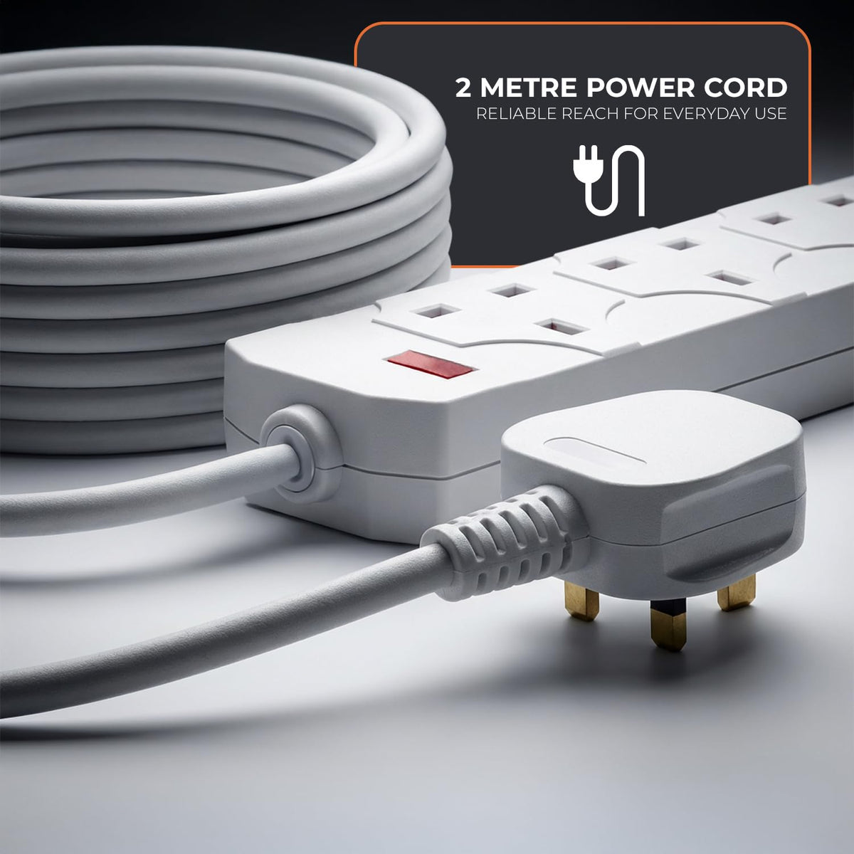 Wolf Power 4 Way Extension Lead, 2 Metre Extension Cable with UK 3 Pin Plug, Multi Socket Power Strip, Wall Mountable, Suitable for Home, Office & Appliances (Black, 1 Pack)