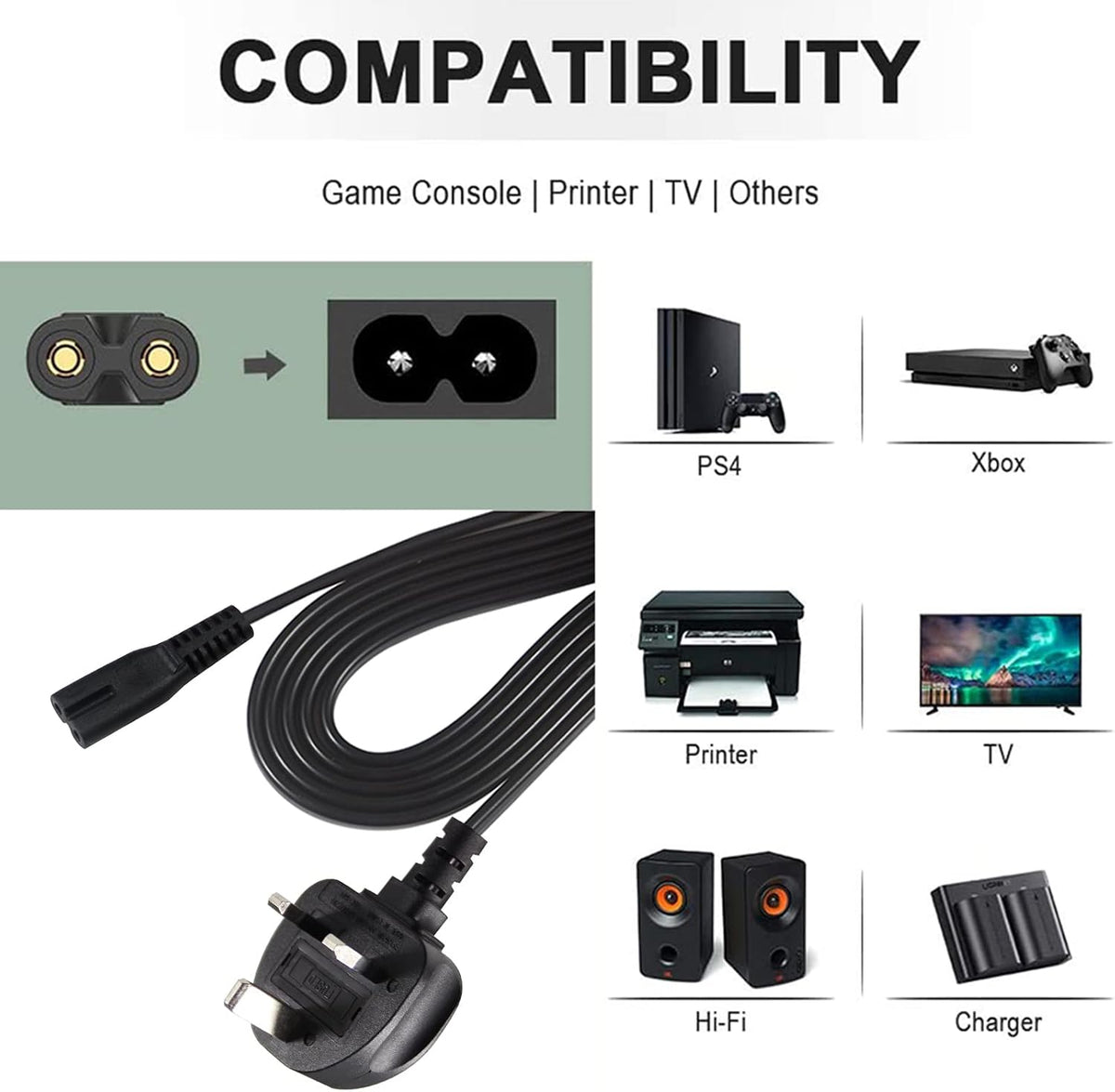 power 5M UK 3PIN Plug to IEC C7 Figure 8 Replacement Mains Cable Compatible with PS5, Xbox Series X, tv, Samsung, LG, Sony