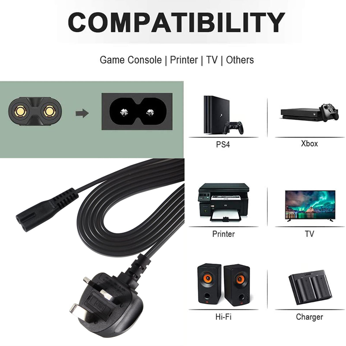power 5M UK 3PIN Plug to IEC C7 Figure 8 Replacement Mains Cable Compatible with PS5, Xbox Series X, tv, Samsung, LG, Sony