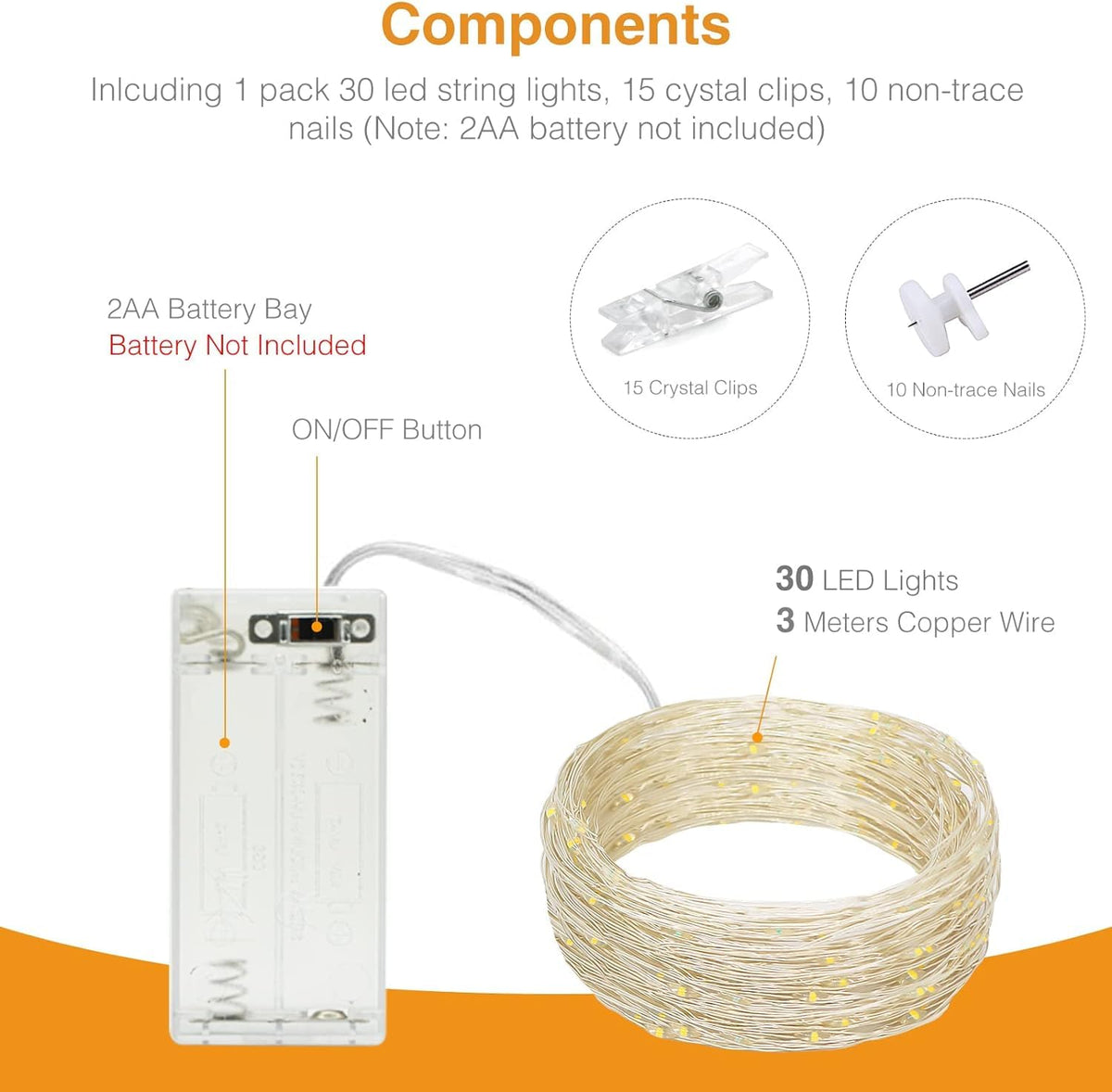 Kolpop 50LED Photo Clip String Lights, 5M Photo Peg Fairy Lights Indoor with 30 Clips Battery Powered Cooper Wire Hanging String Photo Display for Bedroom Birthday Wedding Party Christmas Decorations