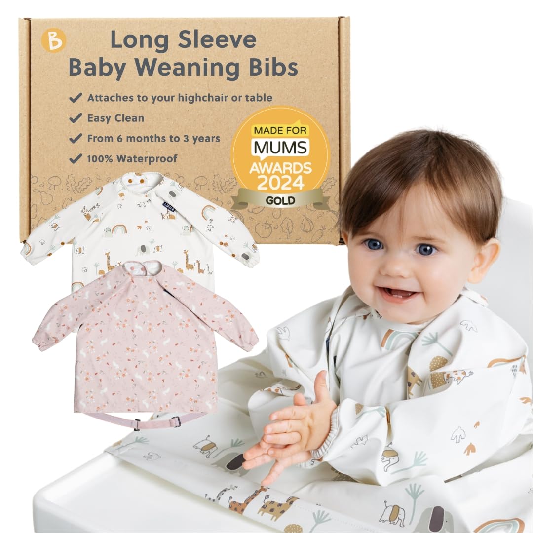 BIBaDO Long Sleeve Baby Bibs - Coverall Weaning Bib with Highchair Strap