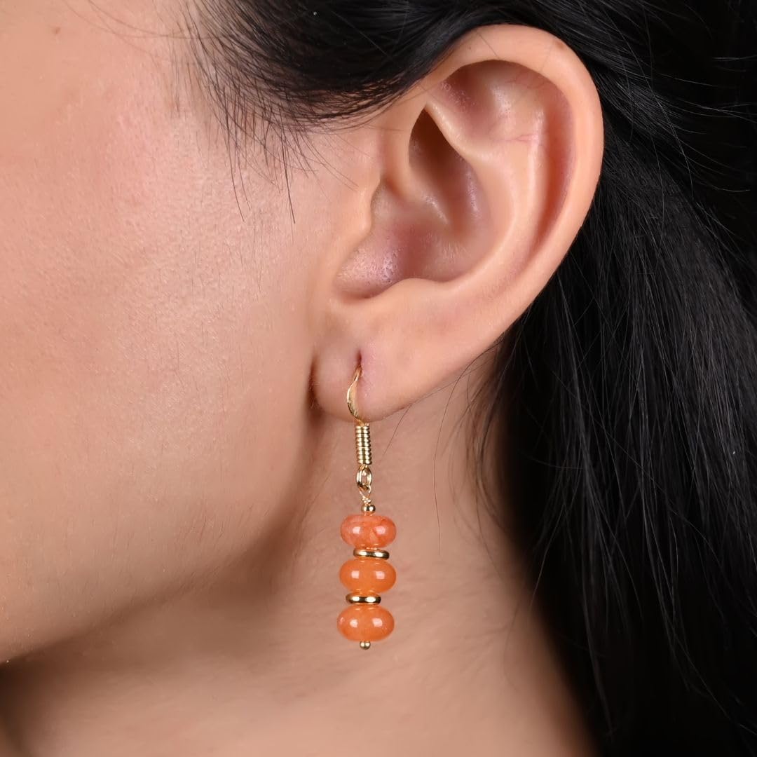 Gempires Natural Gemstone Rondelle Bead Earrings for Women | 8mm Beaded Drop Dangle Earrings | Gold Plated Hypoallergenic Hook Jewelry | Handmade Lightweight Crystal Earrings