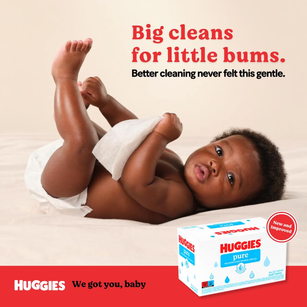 Huggies Pure Plastic Free Baby Wipes - Pack of 12 (576 Wipes) – 99% Water Wet Wipes, Fragrance Free, Hypoallergenic, Better Cleaning, Soft and Gentle on Babies' Delicate Skin