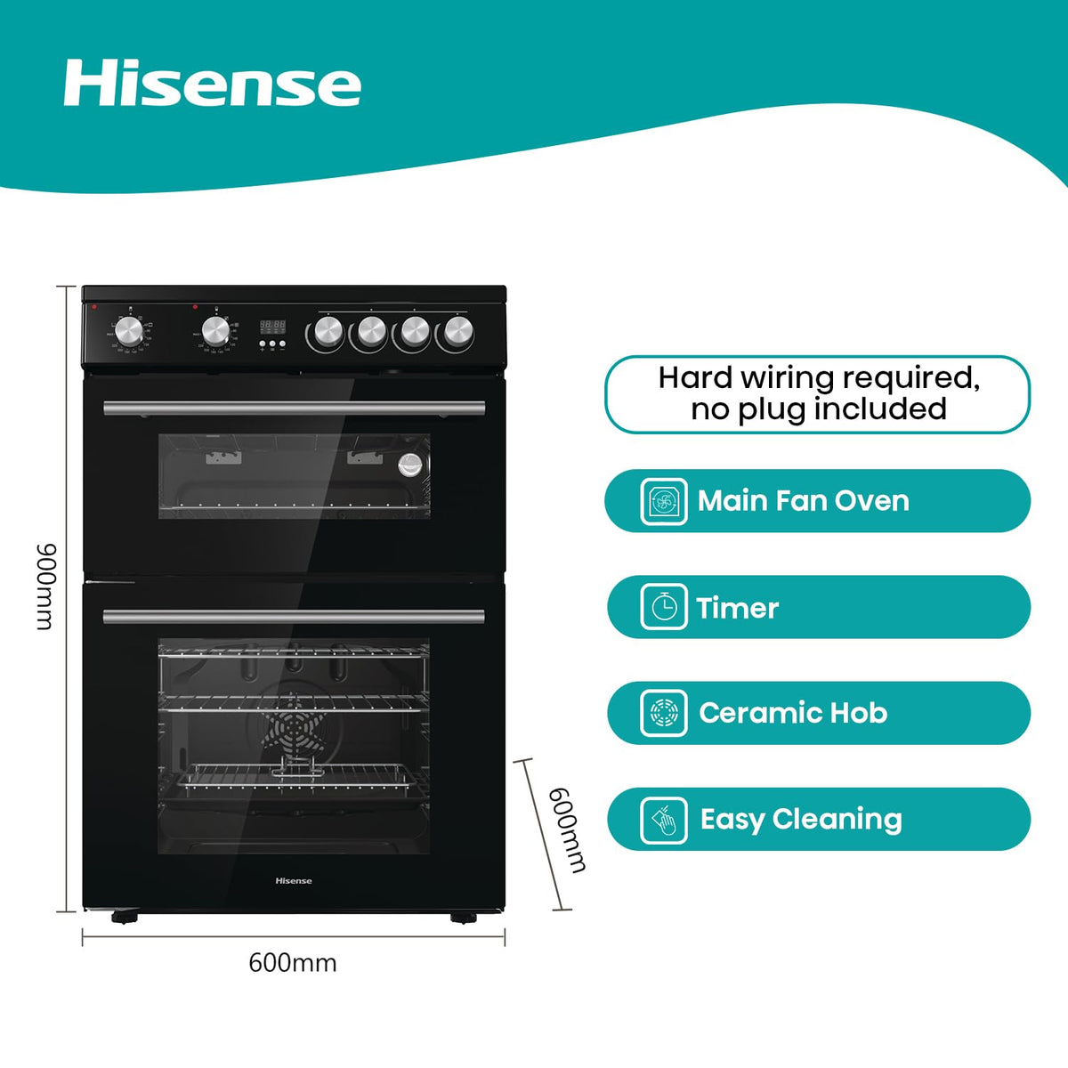Hisense HDUKC60W 60cm Electric Cooker with Ceramic Hob-White, A Rated Double Oven 50L/80L [Energy Class A]