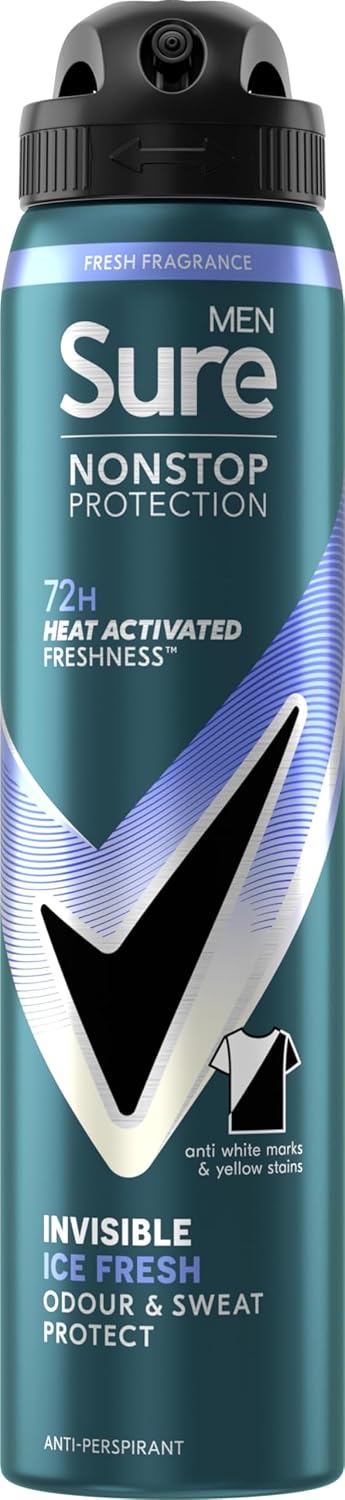 Sure Men Nonstop Protection Invisible Ice Fresh Deodorant Body Spray Antiperspirant with body heat activated technology for 72 hour odour and sweat protection 250 ml