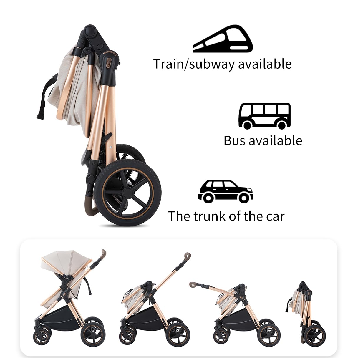 3 in 1 Pram Pushchair Aluminium Frame High Landscape Combined Buggy Lightweight Folding Stroller 3 in 1 Travel System Pram for Newborns Toddlers 0-36 Months from Birth (H9-Pink, H9)