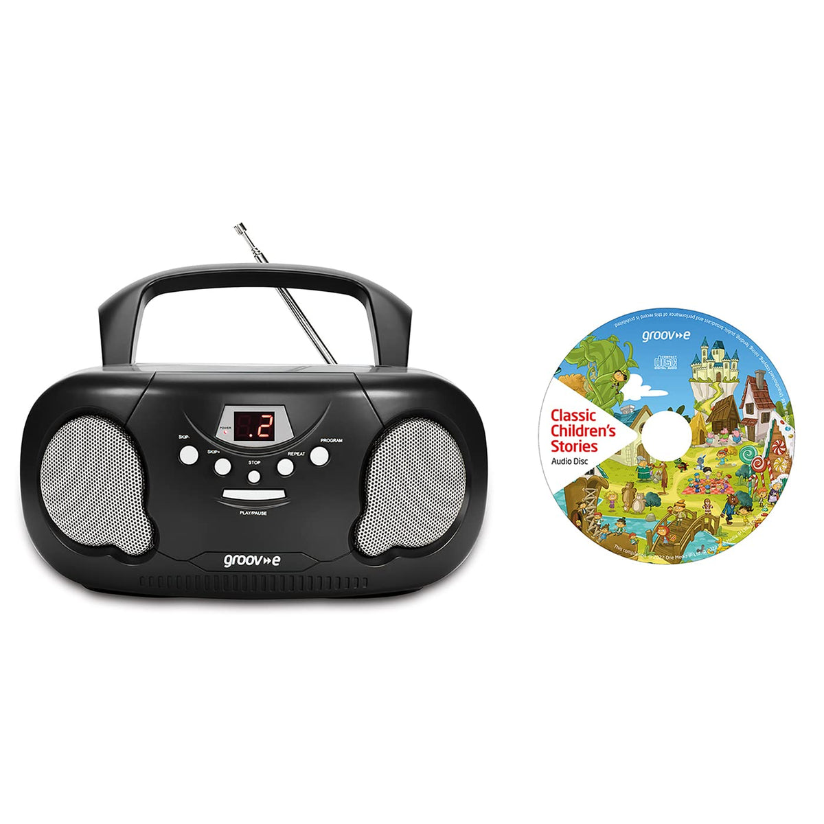 Groov-e Original Boombox - Portable CD Player with Bluetooth, Radio, 3.5mm Aux Port, & Headphone Socket - LED Display, 2 x 1.2W Speakers - Battery or Mains Powered - Black