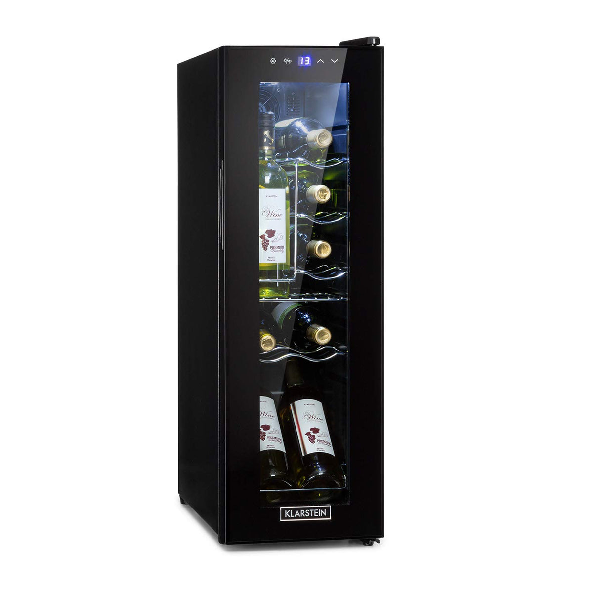 KLARSTEIN Shiraz Wine Cooler Black – 8 Bottles, 1 Zone | Freestanding Wine Fridge with Glass Door, Quiet, 5–18 °C, LED, Stainless Steel Frame