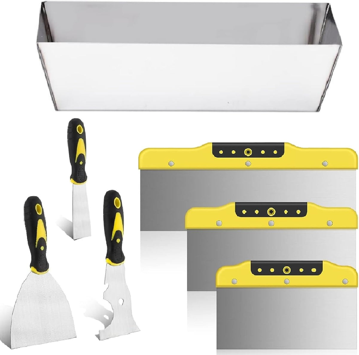 suokoun Wallpaper Scraper Set, 7 Pieces Stainless Steel Drywall Hand Tool Kit Includes Taping Putty Tool and 12" Mud Pan with Soft Grip Handle for Drywall Work