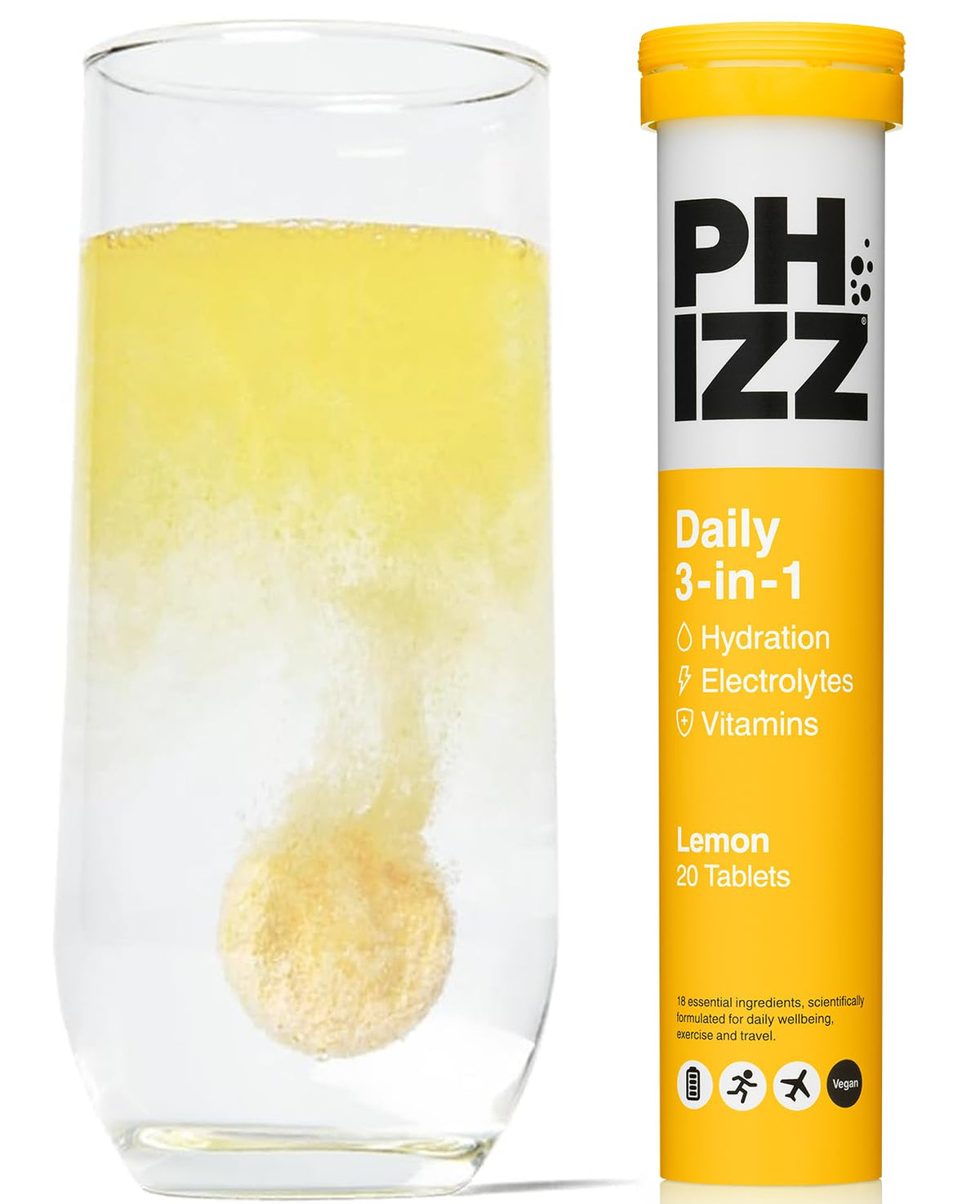 Phizz Electrolytes, Multivitamin & Hydration Tablets - 60 Effervescent Rehydration Electrolyte Tablets - 18 Vitamins & Minerals, Vitamin C, Vegan, Vegetarian & Low Calorie (Lemon, 60 Tablet)