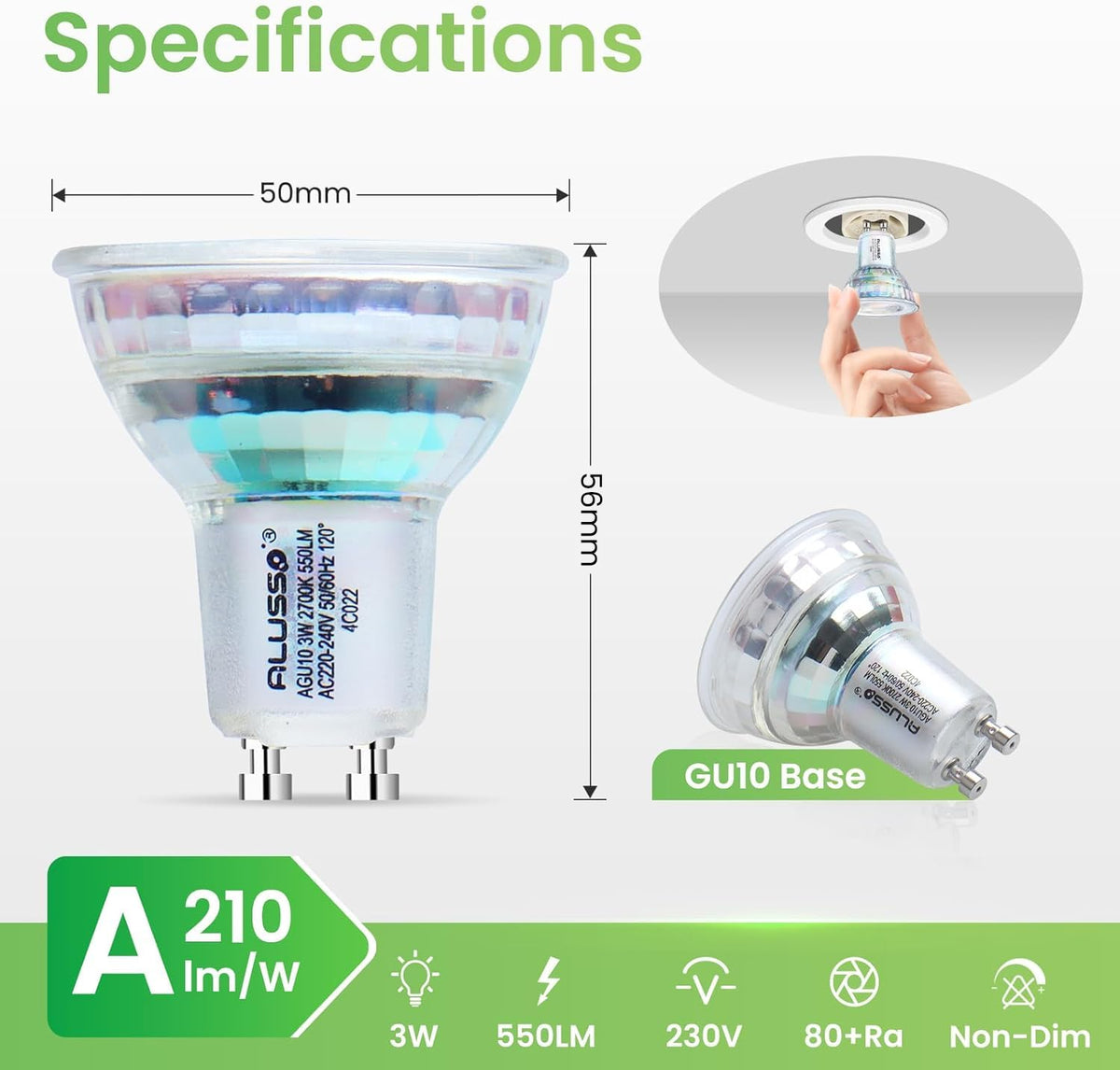 ALUSSO 5W GU10 LED Bulbs Warm White 3000K, 400LM Brightness Pack of 4