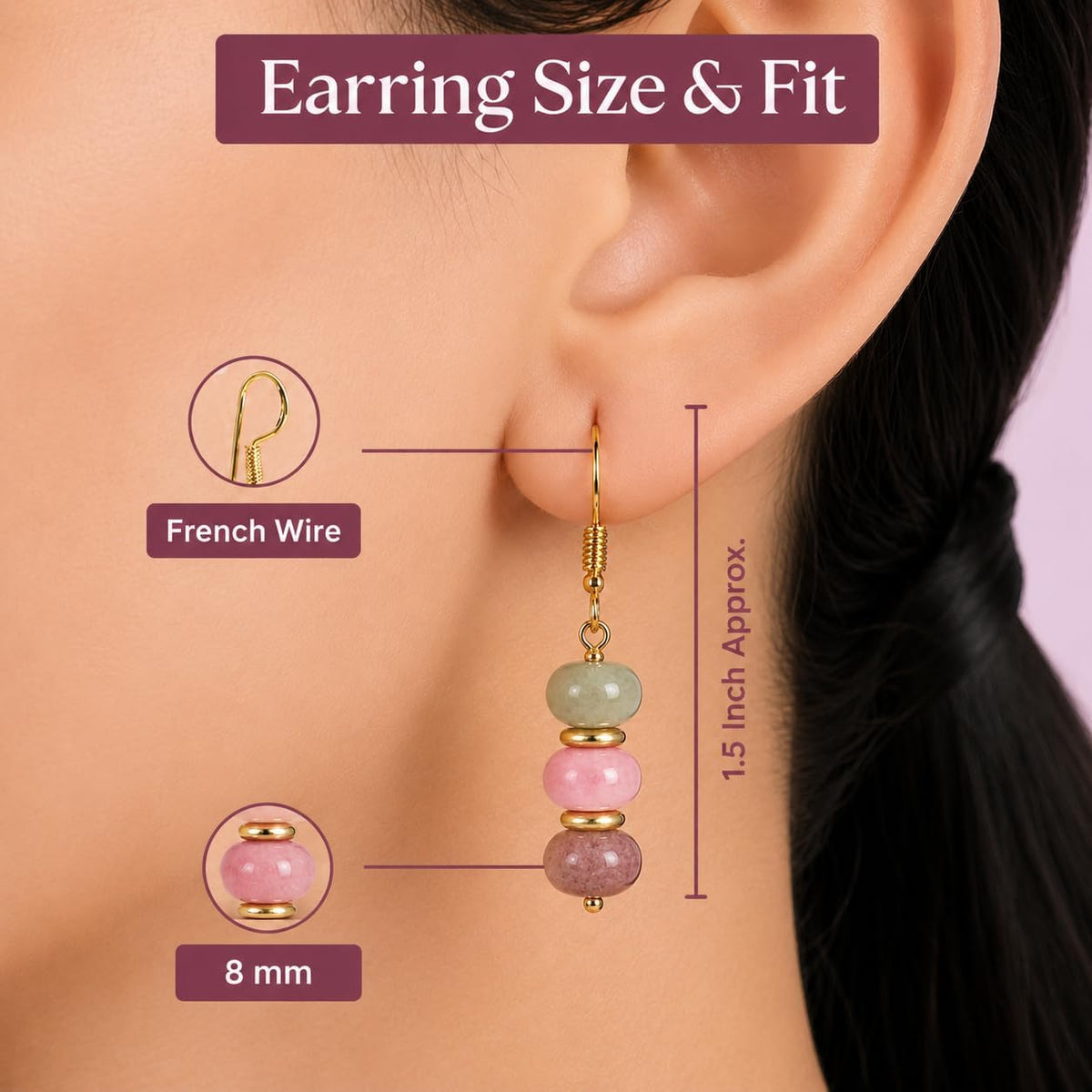 Gempires Natural Gemstone Rondelle Bead Earrings for Women | 8mm Beaded Drop Dangle Earrings | Gold Plated Hypoallergenic Hook Jewelry | Handmade Lightweight Crystal Earrings