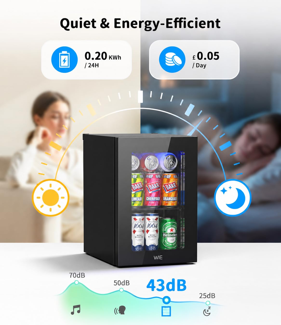 WIE 48L Drinks Fridge with Glass Door, Beer Fridge for 68 Cans or 12 Wine Bottles, Mini Fridge 4-16°C Touch Control, Quiet Beverage Refrigerators with LED Light, Reversible Door for Home, Bar, Office