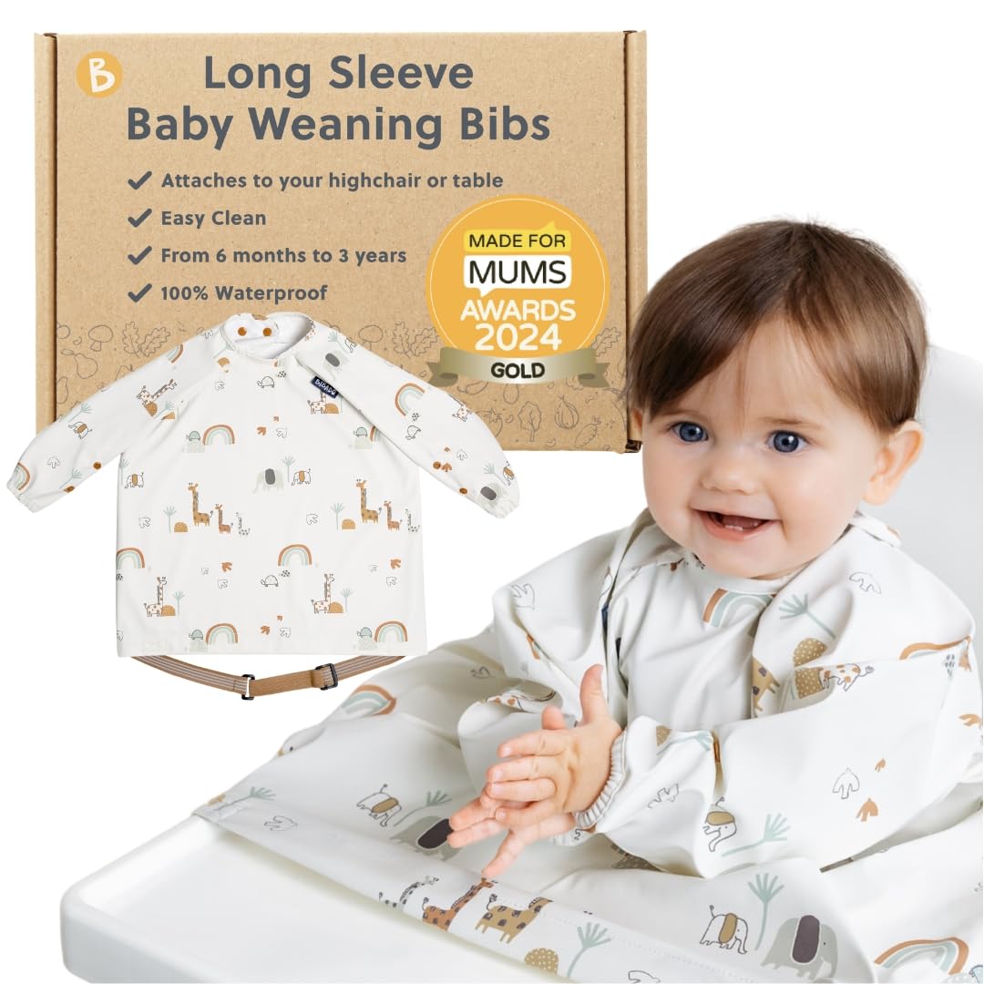 BIBaDO Long Sleeve Baby Bibs - Coverall Weaning Bib with Highchair Strap