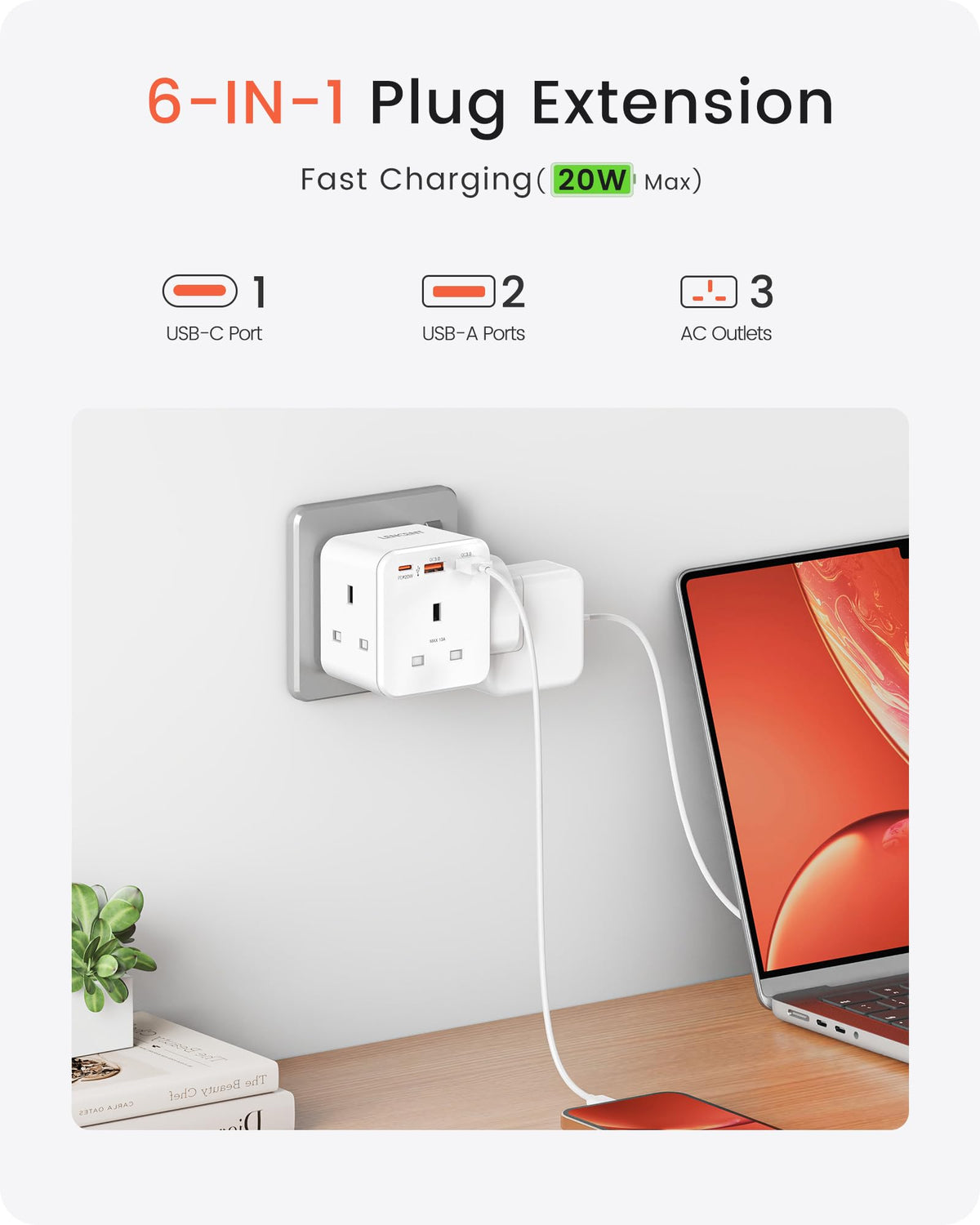 LENCENT Multi Plug Extension with 2 USB, 3 Way 3 Plugs Socket Adapter