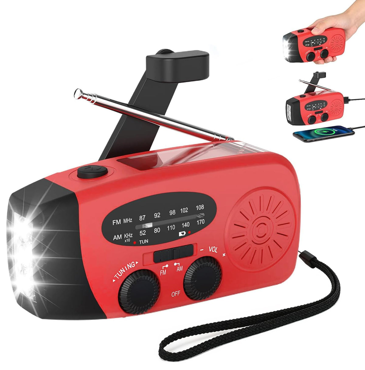2000mAh Wind Up Solar Hand Crank Emergency Radio | AM/FM Weather Band Radio with LED Torch, SOS Alert & USB Phone Charger for Outdoor Camping Hiking (Black)