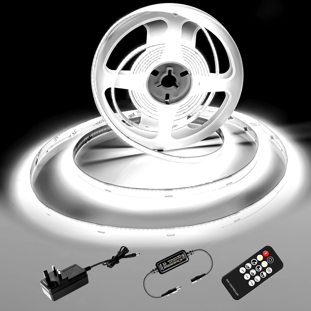 COB LED Strip 7.5m Warm White, 3000K, 24V, Remote Control, 8mm Wide
