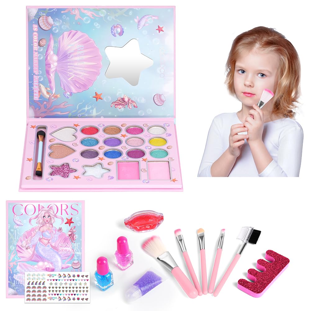 Aomig 18 Colors Kids Makeup Sets for Girls, Washable Children's Make Up Kit with Mirror, Non-Toxic Cosmetic Beauty Set Gift for Kids, Princess Pretend Play Games Toys Birthday