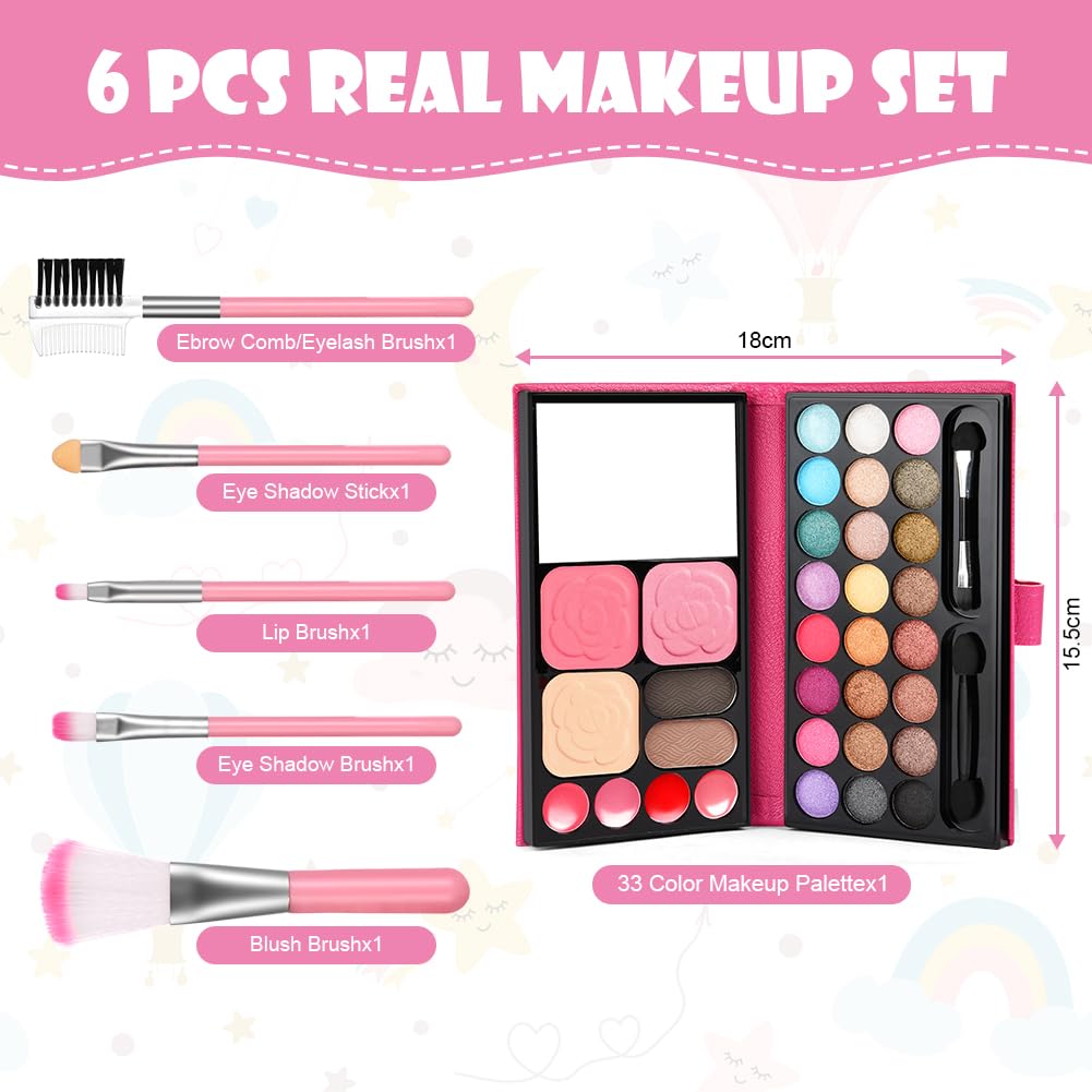 Aomig 33 Colors Kids Makeup Sets for Girls, 6 Pcs Princess Make Up Kit with 5 Brushes, Washable Children's Cosmetics Toys, Non-Toxic Makeup Kit, Cosmetic Beauty Set Gift for Kids Halloween Birthday