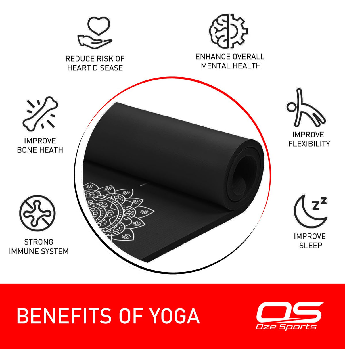 OZE SPORTS Yoga Mat, NBR Foam, Extra Thick, Non-Slip, High Density, Large, for Pilates, Gymnastics, HiiT and Fitness, with Free Carry Strap