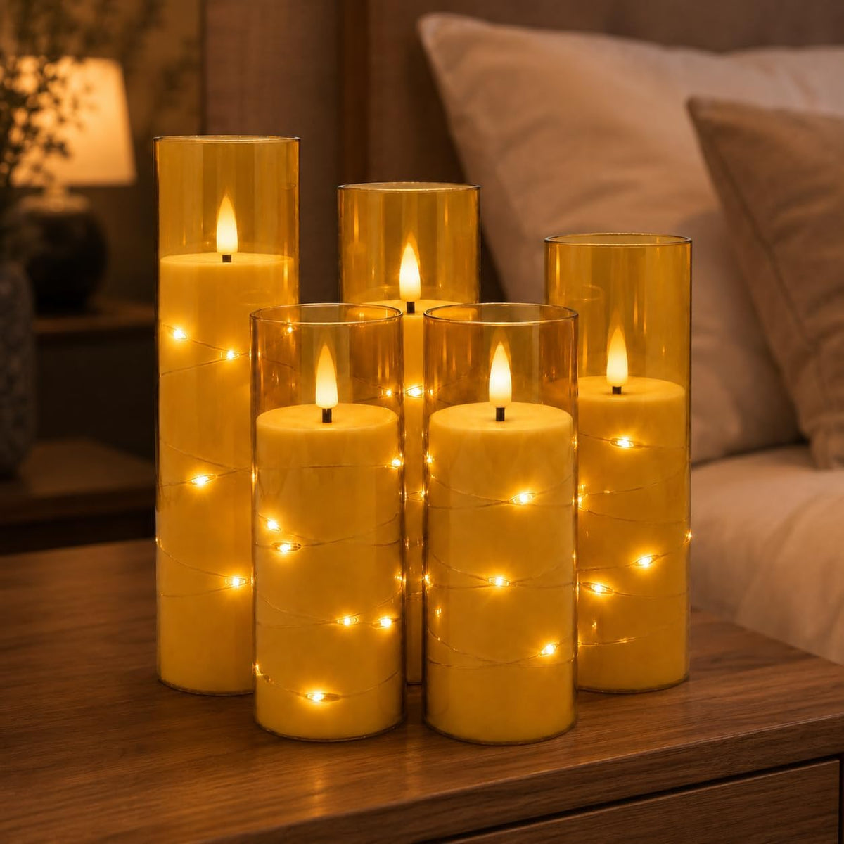 5 Pack Ivory Transparent Taper Candles, Black Wick Flickering Flameless LED Candles with Fairy Lights, Heat Resistant Reusable Plastic Candles, Remote Control, 14/14/16/18/20cm, Indoor Outdoor Decor