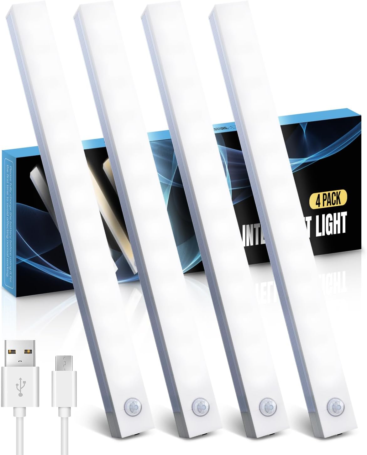 Under Cabinet Kitchen Lights 4 Pack, 4 Modes, USB Motion Sensor Cupboard Light, USB Type-C, Stepless Dimming, with Magnetic Sticker, for Kitchen Wardrobe Bedroom Stairs (Cold White)