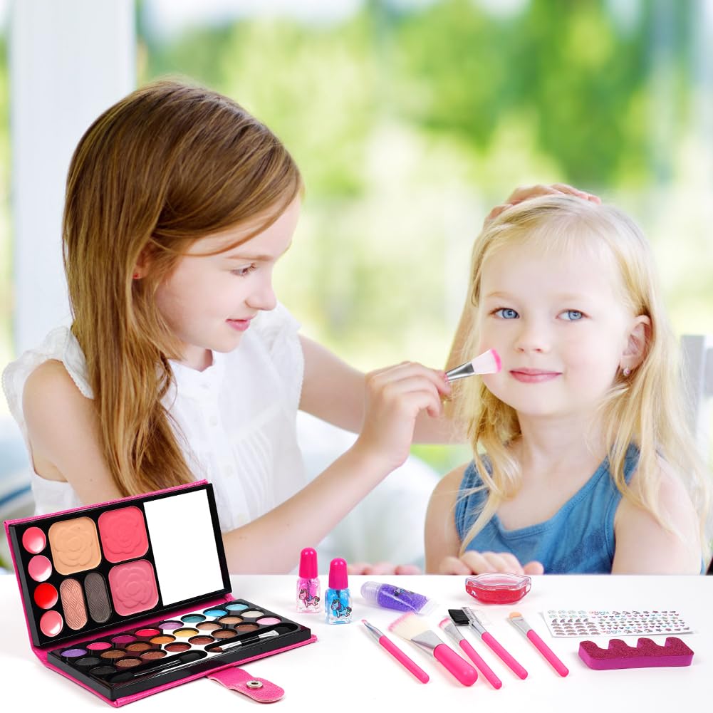 Aomig 33 Colors Kids Makeup Sets for Girls, 6 Pcs Princess Make Up Kit with 5 Brushes, Washable Children's Cosmetics Toys, Non-Toxic Makeup Kit, Cosmetic Beauty Set Gift for Kids Halloween Birthday