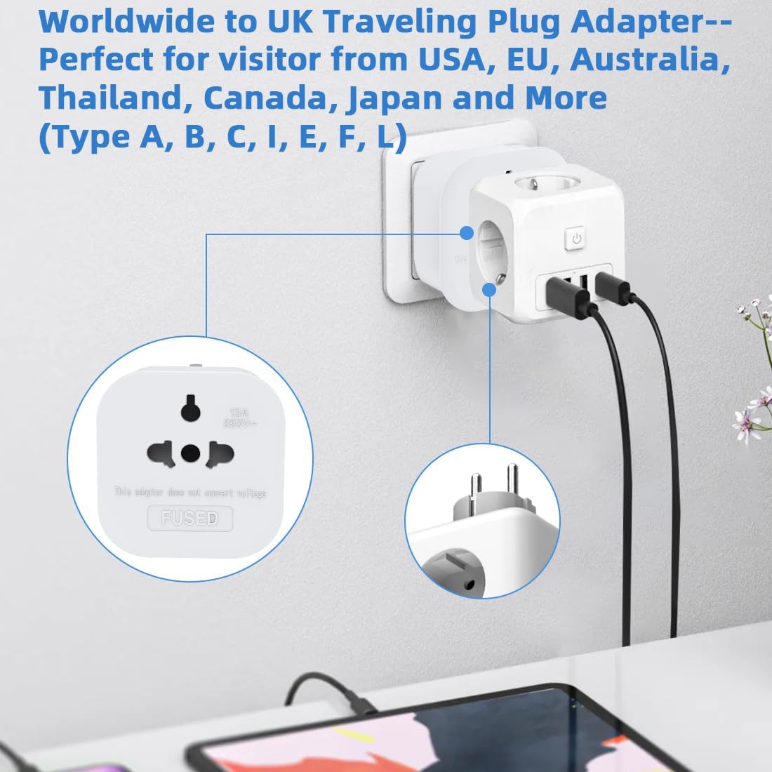 2Pack European to UK Plug Adaptor, US to UK Travel Plug Adapter